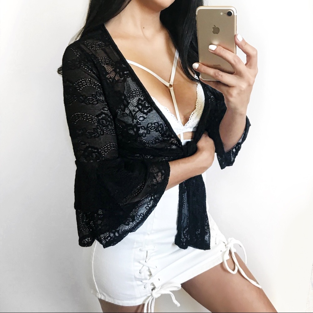 Anika Lace Bell Sleeve Front-tie Black Crop